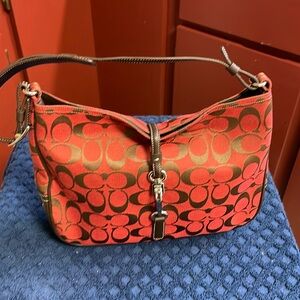 Coach Signature Red Canvas and Brown Leather Hobo #6091 horse-bit closure